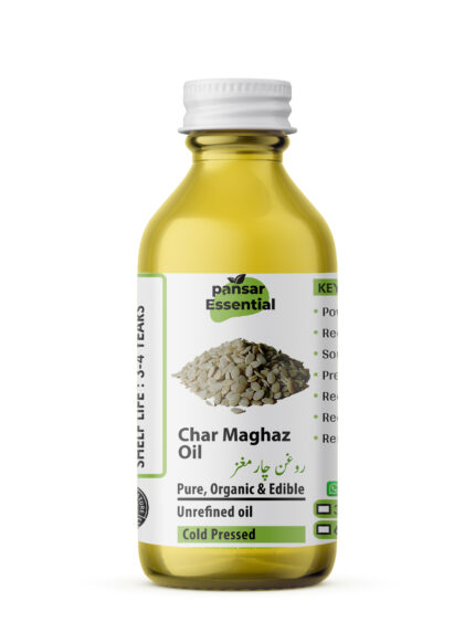 A bottle of Pansar Essential Char Maghaz Oil with a white label featuring "pansar Essential" logo, an image of Char Maghaz seeds, and text indicating "Pure, Organic & Edible," "Unrefined oil," and "Cold Pressed." The label also lists key benefits and a shelf life of 3-4 years.