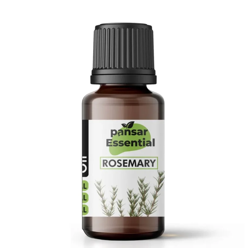 Essential Rosemary essential oil bottle, 15ml, with a label showing fresh rosemary sprigs. Pure natural aromatherapy oil for focus, hair growth, and invigoration.
