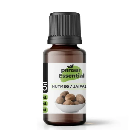 Pansar Essential Nutmeg / Jaifal essential oil bottle, 15ml, with a label showing whole nutmeg seeds in a white bowl. Pure natural aromatherapy oil.