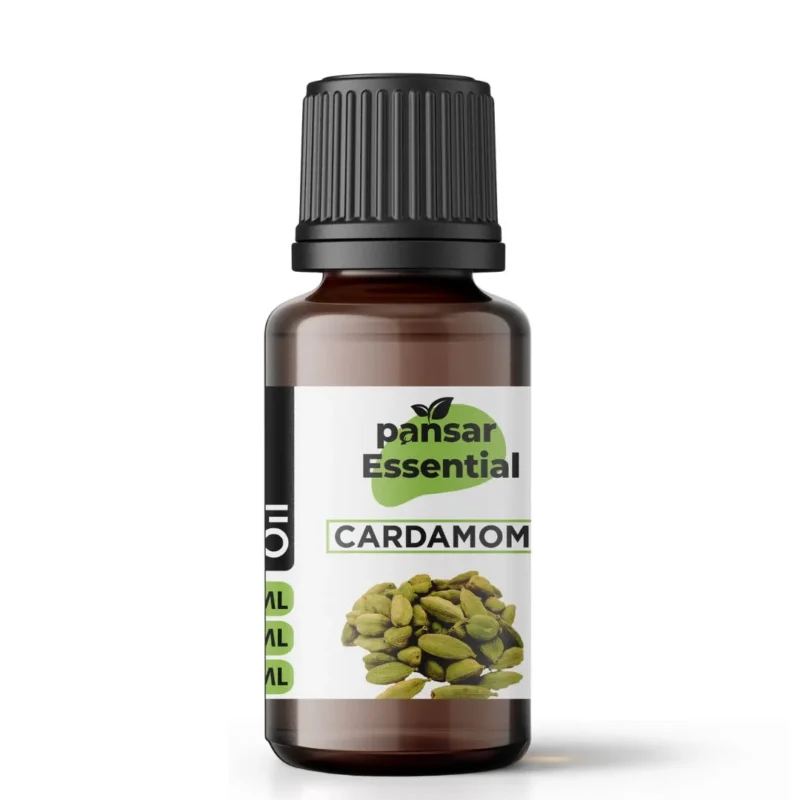Essential Cardamom essential oil bottle, 15ml, with a label showing green cardamom pods. Pure natural aromatic oil for invigorating and digestive support.