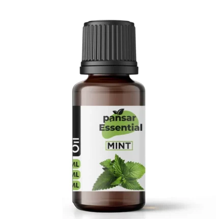 Pansar Essential Mint essential oil bottle, 15ml, with a label showing fresh green mint leaves. Pure natural aromatherapy oil for invigoration, focus, and soothing discomfort.