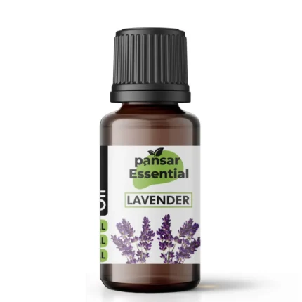 Pansar Essential Lavender essential oil bottle, 15ml, with a label showing vibrant purple lavender flowers. Pure natural aromatherapy oil for relaxation, sleep, and skin soothing