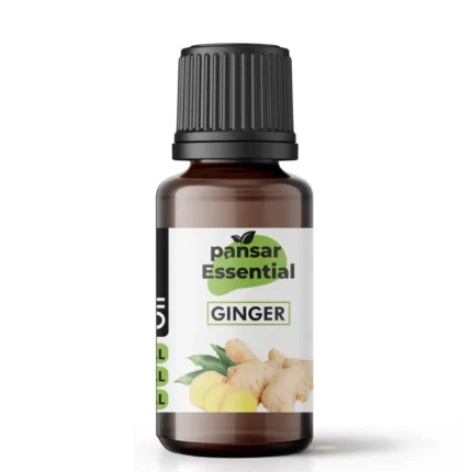 Pansar Essential Ginger essential oil bottle, 15ml, with a label showing fresh ginger root and slices. Pure natural aromatherapy oil for warmth, digestion, and soothing discomfort.