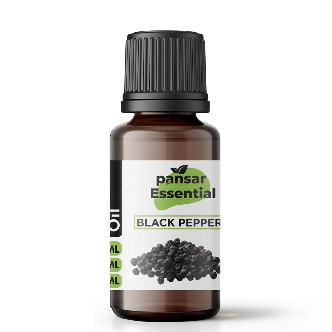 Pansar Essential Black Pepper Essential Oil (15ml) - Pure & Warming Stimulant Pansar Essential Black Pepper essential oil bottle, 15ml, with a label showing a pile of whole black peppercorns. Pure natural warming and stimulating oil for muscle relief and circulation.