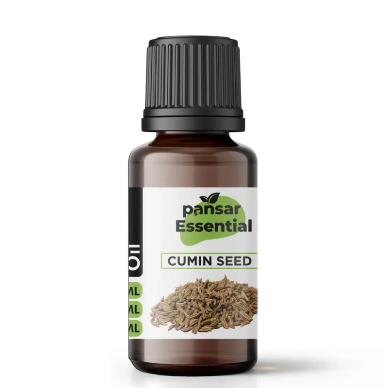 Essential Cumin Seed essential oil bottle, 15ml, with a label showing a pile of whole cumin seeds. Pure natural oil for digestive support and unique aroma.