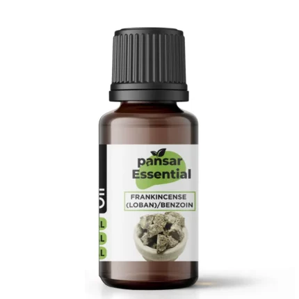 Pansar Essential Frankincense (Loban) / Benzoin essential oil bottle, 15ml, with a label showing frankincense resin pieces in a bowl. Pure natural aromatherapy oil for meditation and well-being.