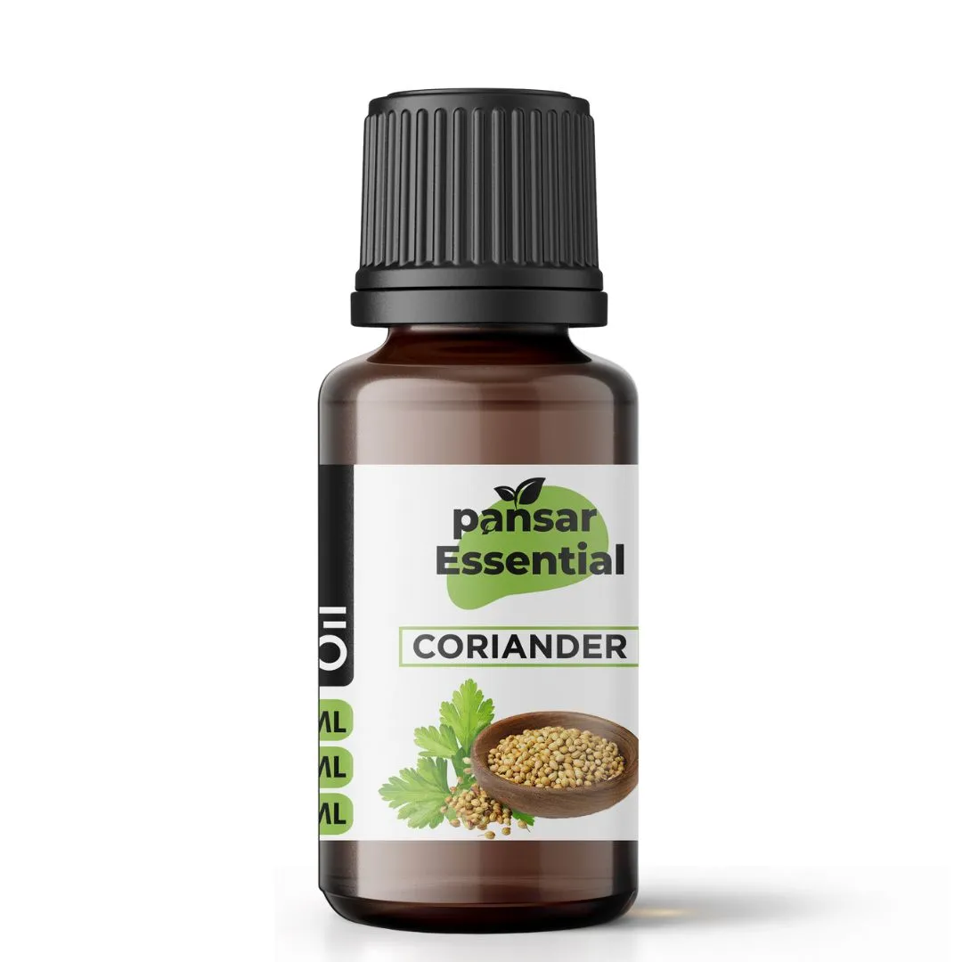 Pansar Essential Coriander Essential Oil (15ml) - Pure & Refreshing Digestive Aid Essential Coriander essential oil bottle, 15ml, with a label showing coriander seeds in a wooden bowl and fresh leaves. Pure natural oil for digestion and calming.