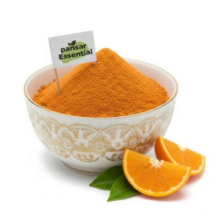 Bright Orange Peel Powder in a gold-patterned bowl with fresh orange slices - Pansar Essential.