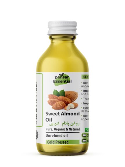 Pansar Essential Sweet Almond Oil (Roghan Badam Shireen) bottle, 100% pure organic cold-pressed oil for face, hair, and under-eye dark circles.