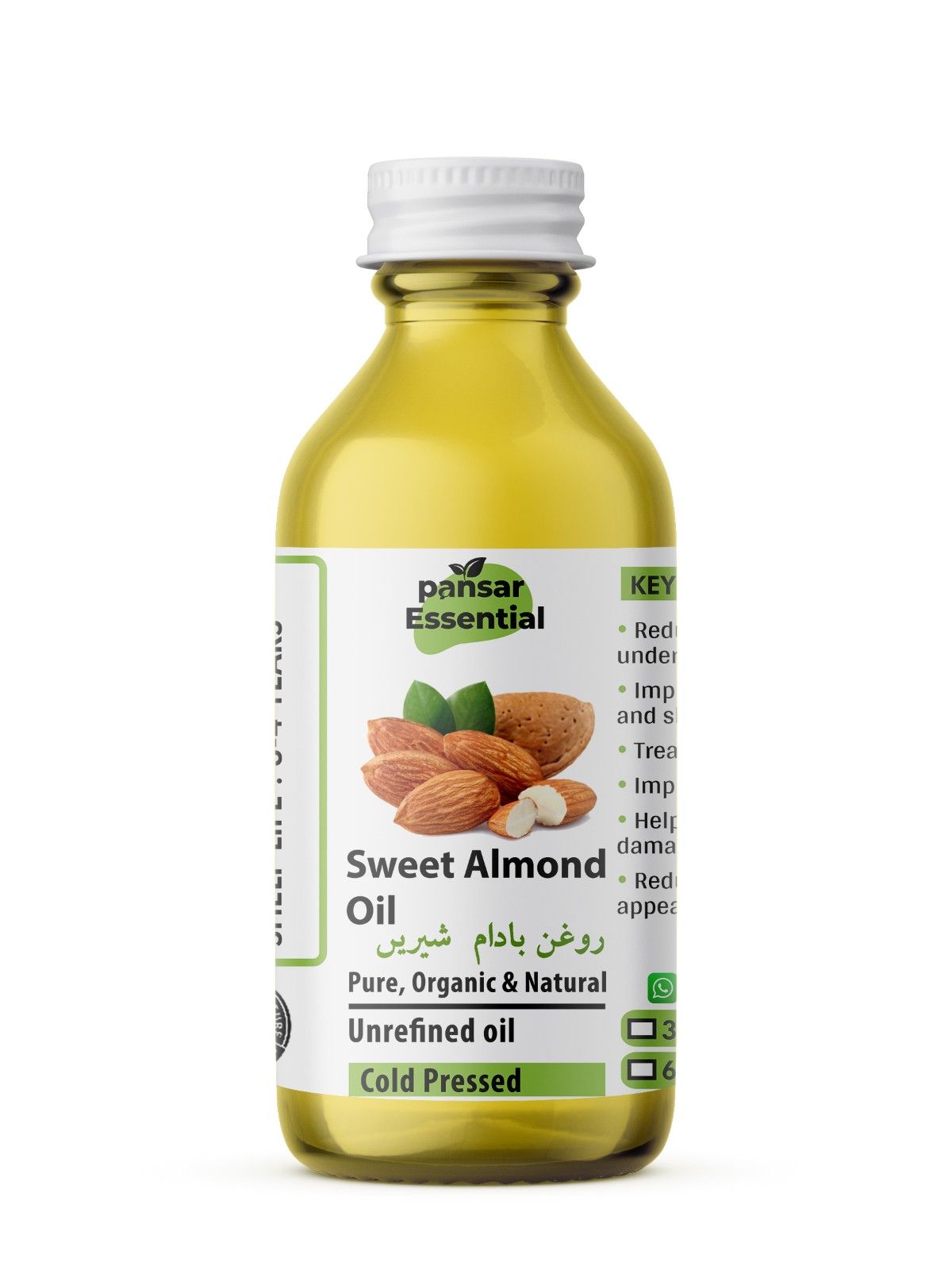 pansar-essential-pure-sweet-almond-oil-cold-pressed Pansar Essential Sweet Almond Oil (Roghan Badam Shireen) bottle, 100% pure organic cold-pressed oil for face, hair, and under-eye dark circles.