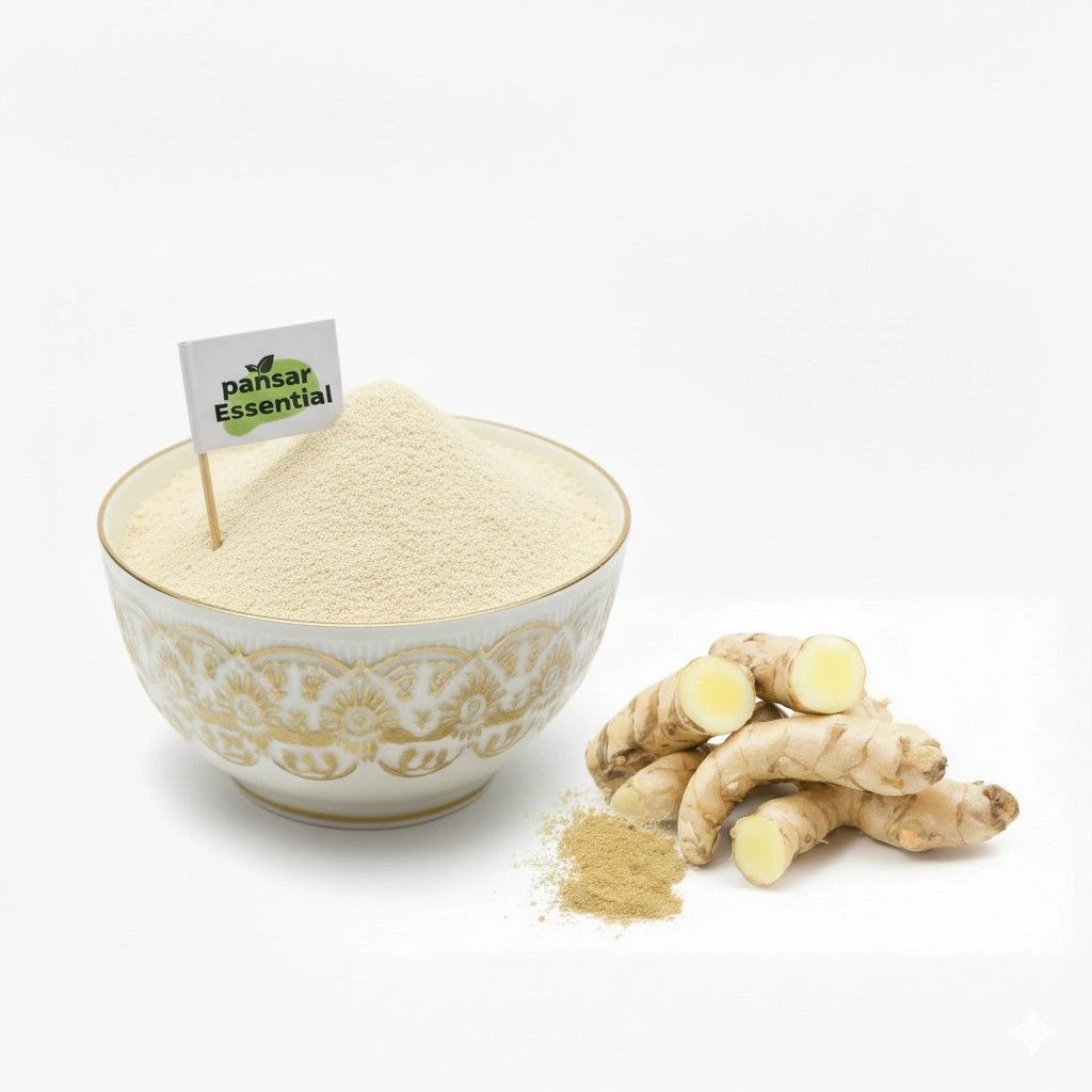 pure-kachoor-powder-white-turmeric-pansar-essential Pansar Essential 100% Organic Kachoor Powder (White Turmeric) for skin brightening in a decorative bowl with fresh white turmeric roots.