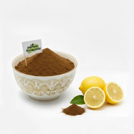 Pansar Essential 100% Organic Lemon Peel Powder in a decorative bowl with fresh sliced lemons for skin brightening.