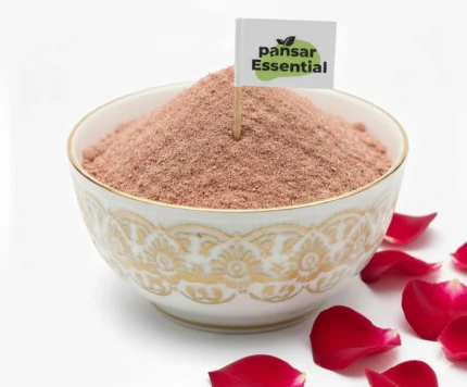 Pansar Essential 100% Organic Rose Petal Powder for glowing skin in a decorative bowl with rose petals.