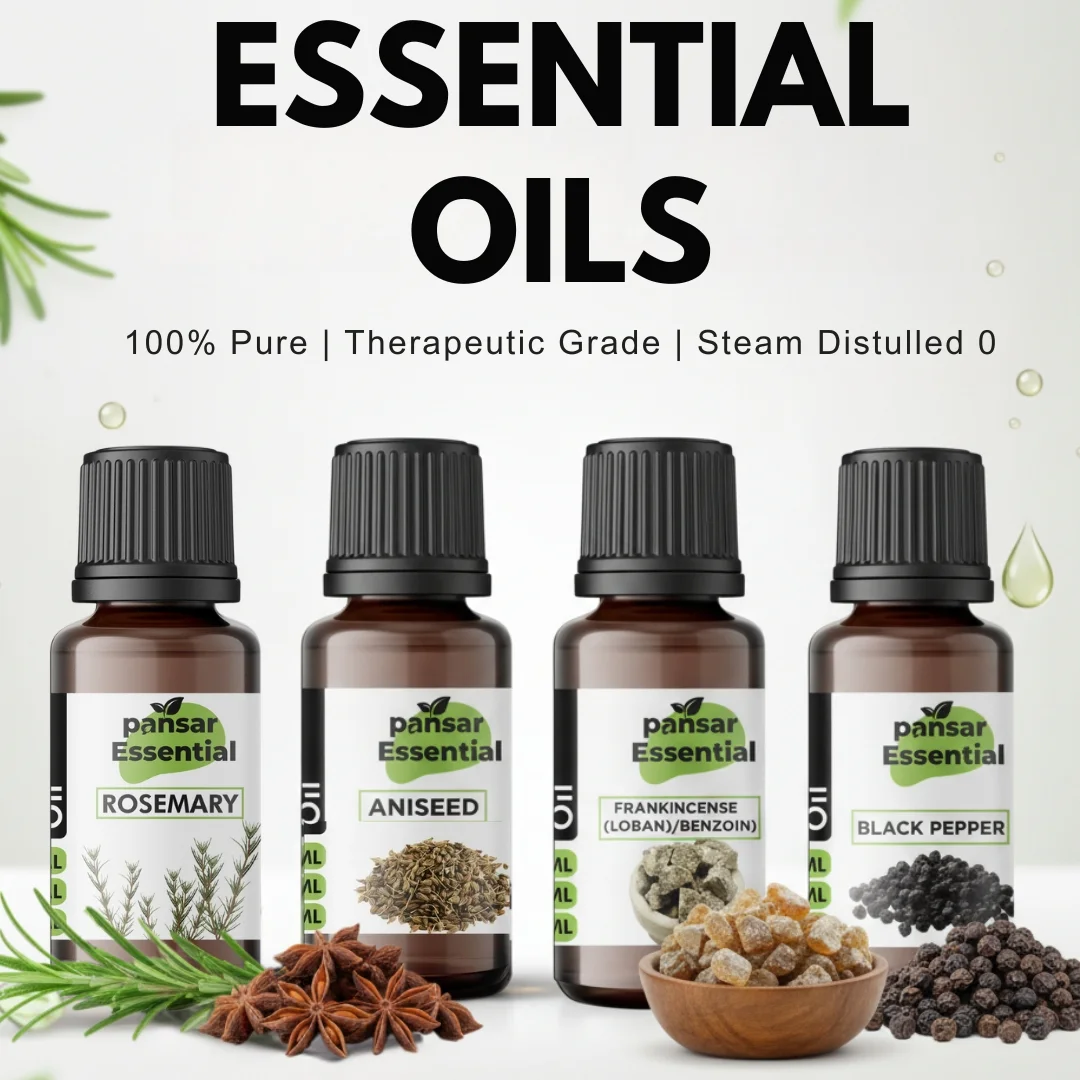 Four bottles of Pansar Essential 100% Pure Essential Oils: Rosemary, Aniseed, Frankincense (Loban/Benzoin), and Black Pepper. Each bottle is 15ml, therapeutic grade, and steam distilled, shown with their natural ingredients.