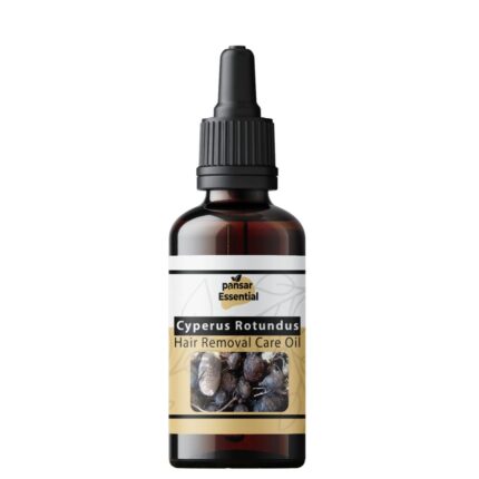 A bottle of Pansar Essential Cyperus Rotundus Hair Removal Care Oil with a dropper, featuring a label with the brand logo and an image of cyperus rotundus roots. The oil is dark amber in a clear glass bottle.