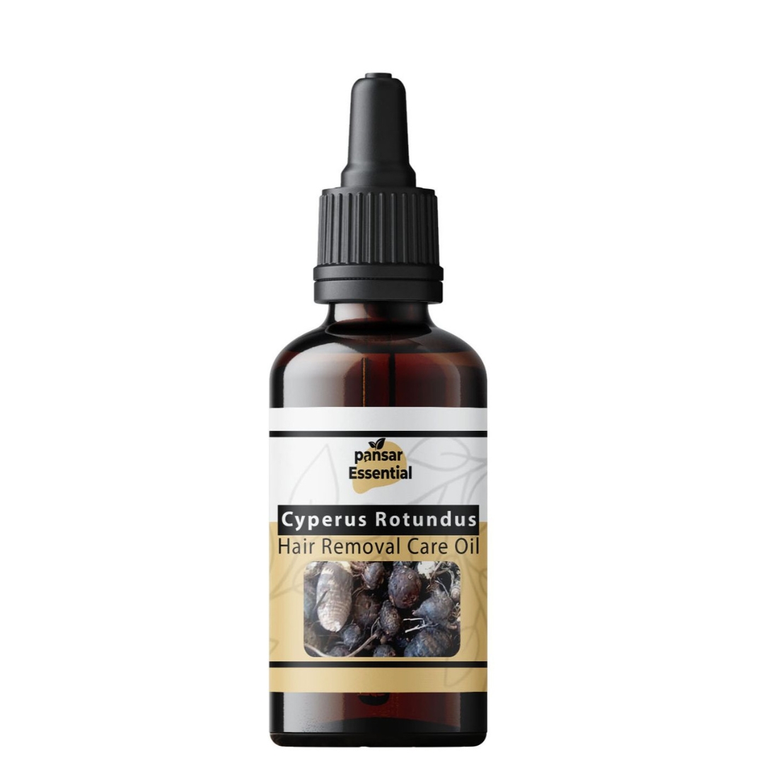 Pansar Essential Cyperus Rotundus Oil (Nagarmotha) - Natural Hair Removal Care A bottle of Pansar Essential Cyperus Rotundus Hair Removal Care Oil with a dropper, featuring a label with the brand logo and an image of cyperus rotundus roots. The oil is dark amber in a clear glass bottle.