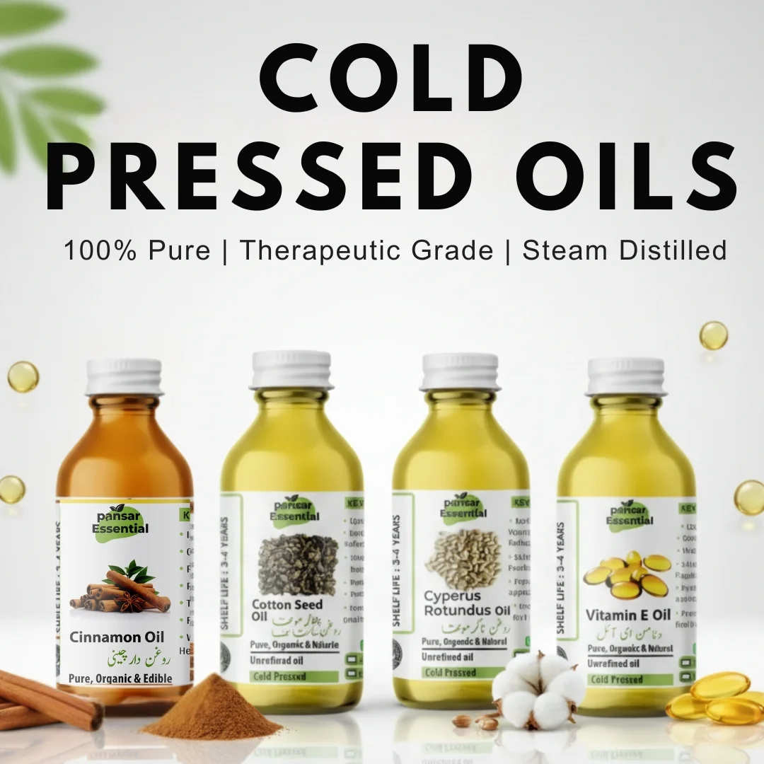 Four bottles of Pansar Essential Pure Cold Pressed Oils: Cinnamon Oil, Cotton Seed Oil, Cyperus Rotundus Oil, and Vitamin E Oil. Each bottle is 15ml, pure, organic, natural, and unrefined.